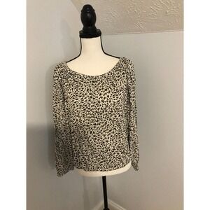 by Anthropologie Cascais Leopard Print Off the Shoulder Blouse Long Sleeve Top M
